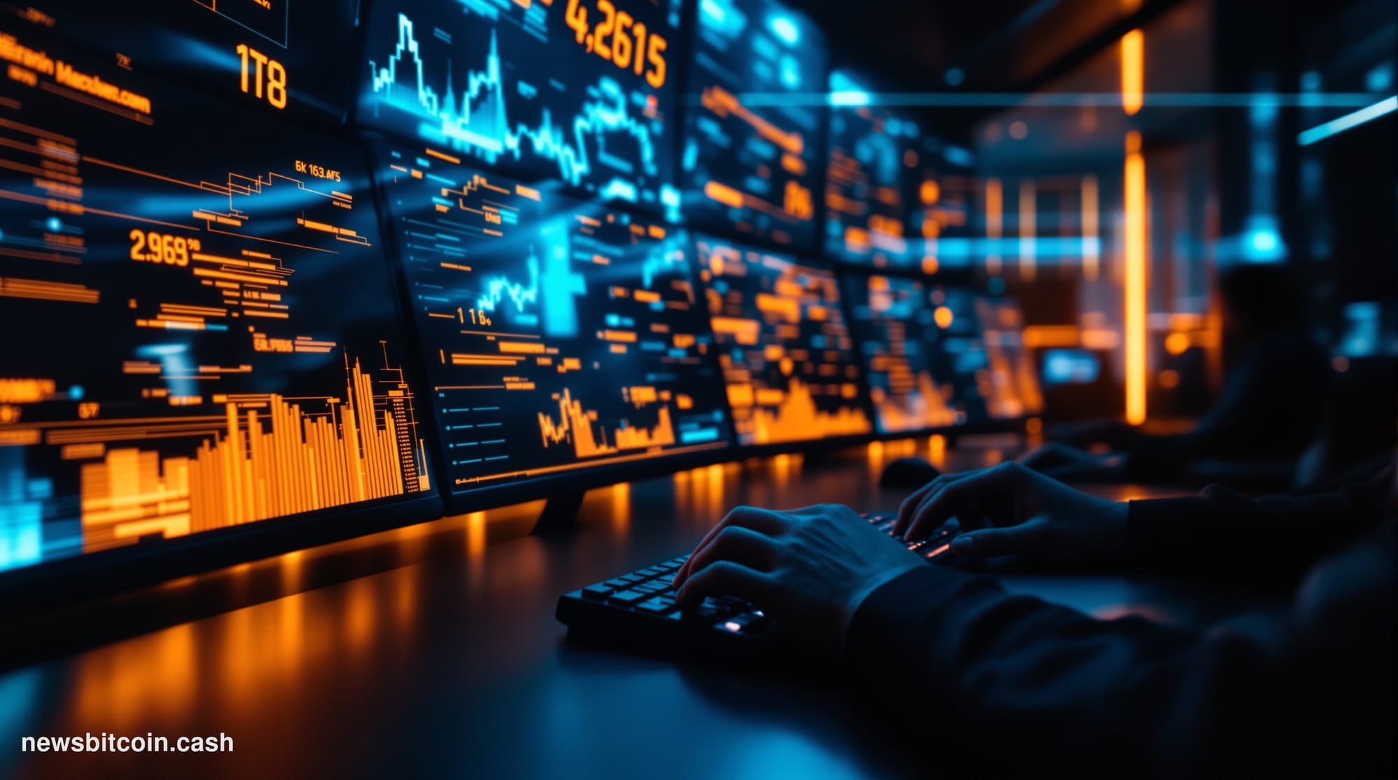 Cinematic photorealistic editorial photograph of a sleek, modern financial trading floor interior bathed in cool blue and amb