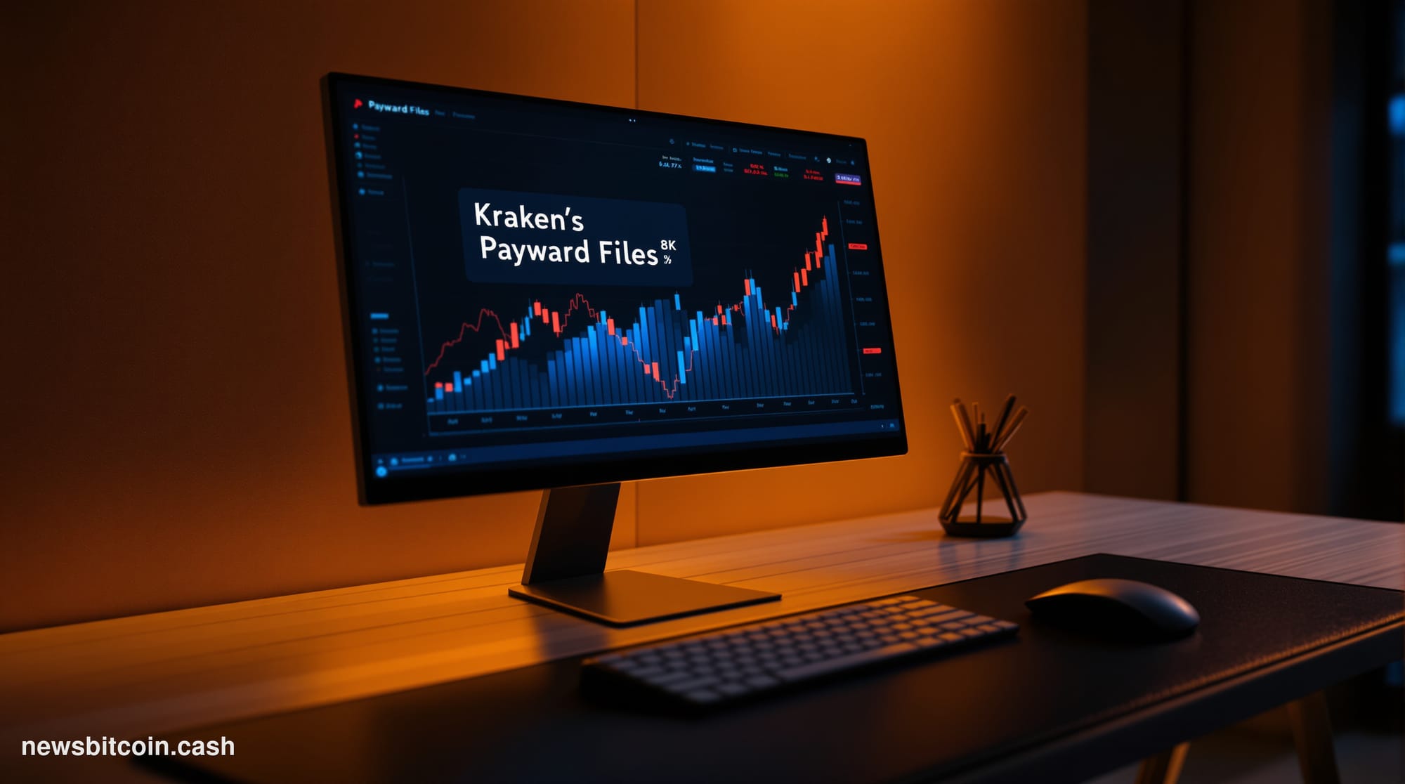 Cinematic photorealistic editorial photograph of Kraken's San Francisco office exterior at dusk, shot from a low angle lookin