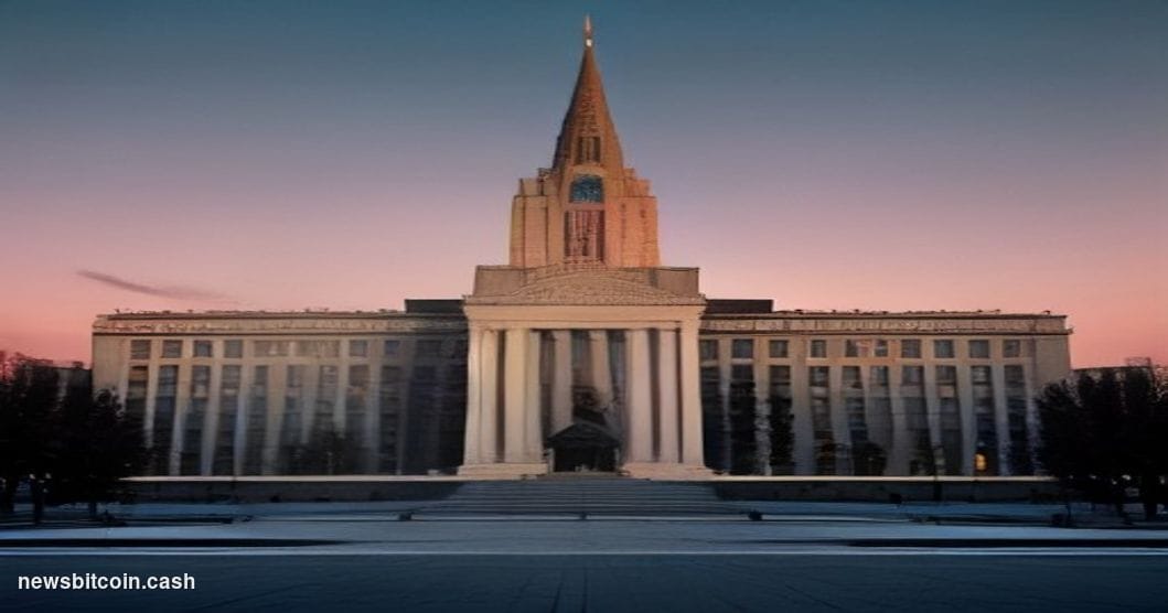 Cinematic photorealistic editorial photograph of Bishkek's central government district at dusk, featuring the iconic Kyrgyz W