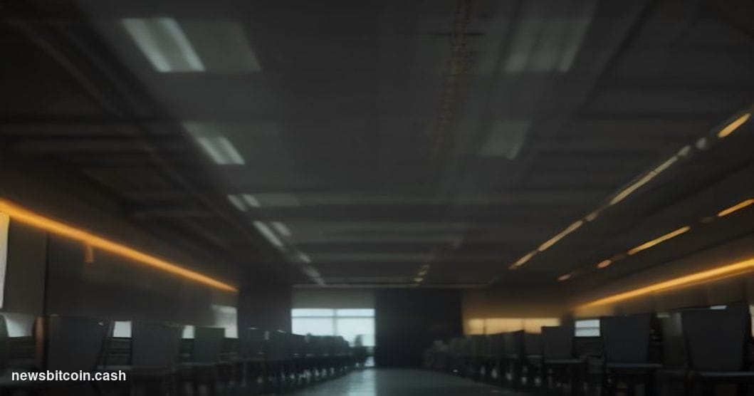 Cinematic photorealistic editorial photograph of a near-empty Wall Street trading floor, shot from a low angle looking up tow