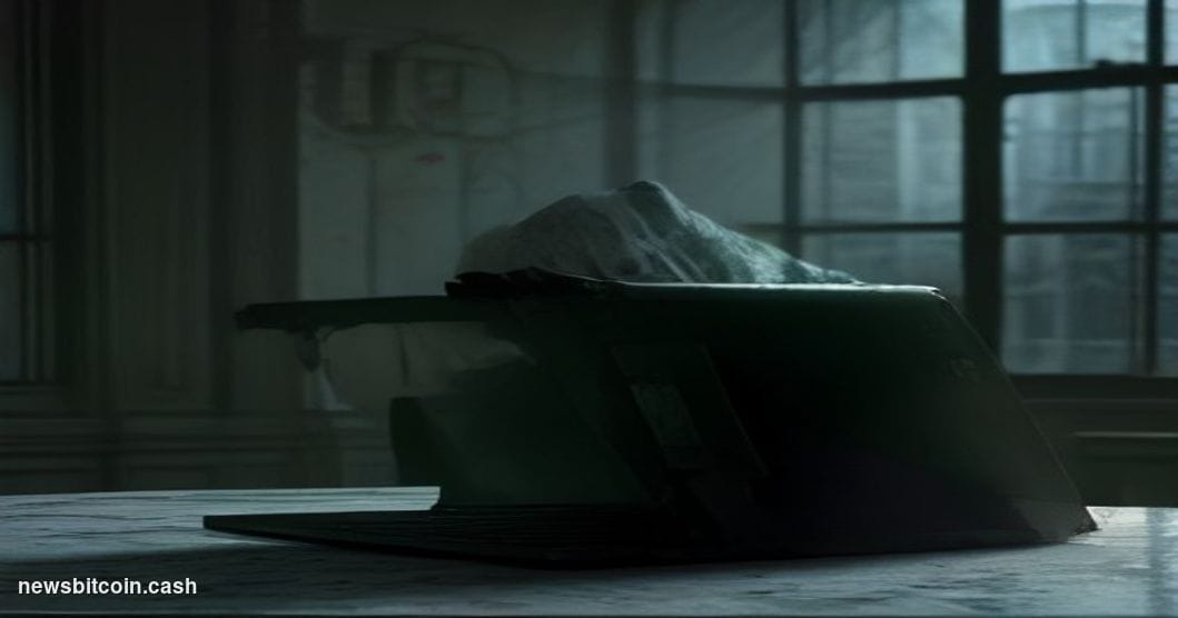 Cinematic photorealistic editorial photograph shot from a low angle looking up at a battered silver laptop computer placed on