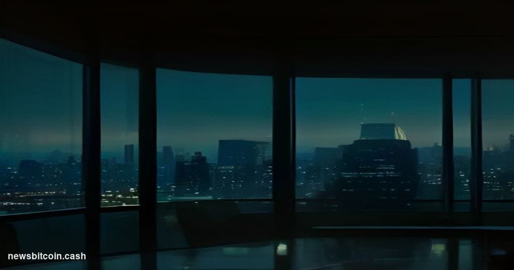 Cinematic photorealistic editorial photograph of a sleek fintech startup office interior at dusk, floor-to-ceiling glass wind
