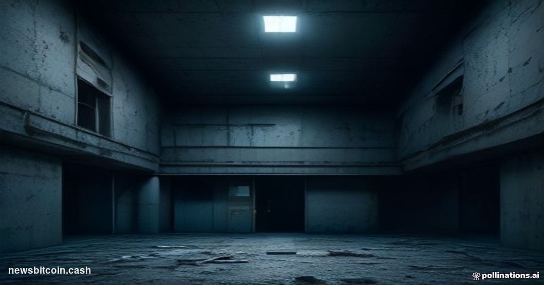 A cinematic photorealistic editorial photograph shot from a low angle looking up at a crumbling brutalist concrete structure,