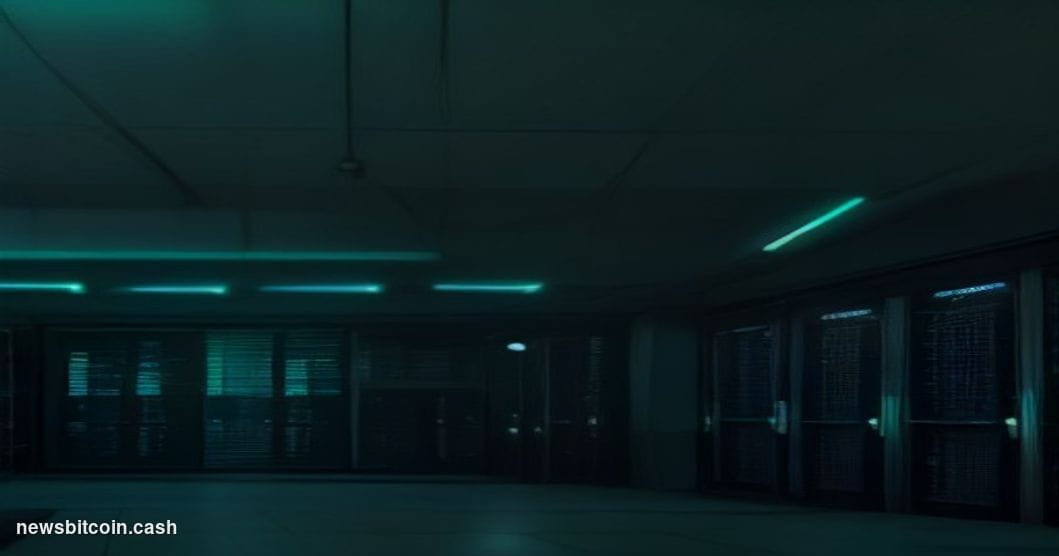 Cinematic photorealistic editorial photograph set in a dimly lit data center environment, camera positioned at low angle look