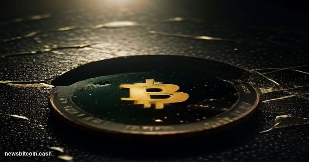 Cinematic photorealistic editorial photograph of a weathered Bitcoin physical coin resting on a cracked glass surface, with a