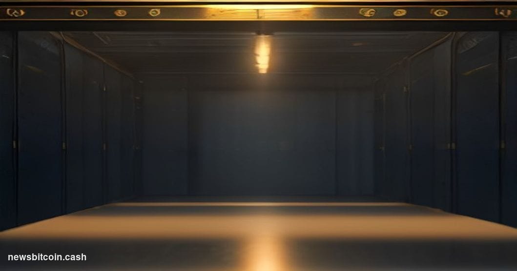 Cinematic photorealistic editorial photograph of a physical Bitcoin vault door, partially open, with warm golden light spilli