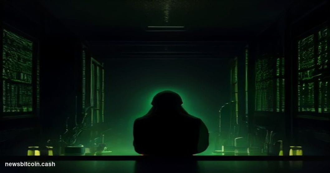 Cinematic photorealistic editorial photograph of a shadowed figure seated at a sleek black desk in a dimly lit server room, w