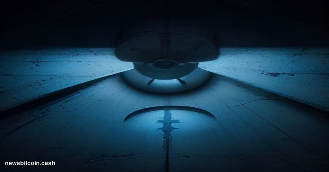 Cinematic photorealistic editorial photograph shot from a low angle looking up at a brutalist concrete financial vault door, 