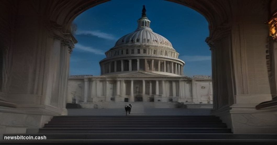 A cinematic photorealistic editorial photograph of the United States Capitol building in Washington D.C. at dusk, shot from a