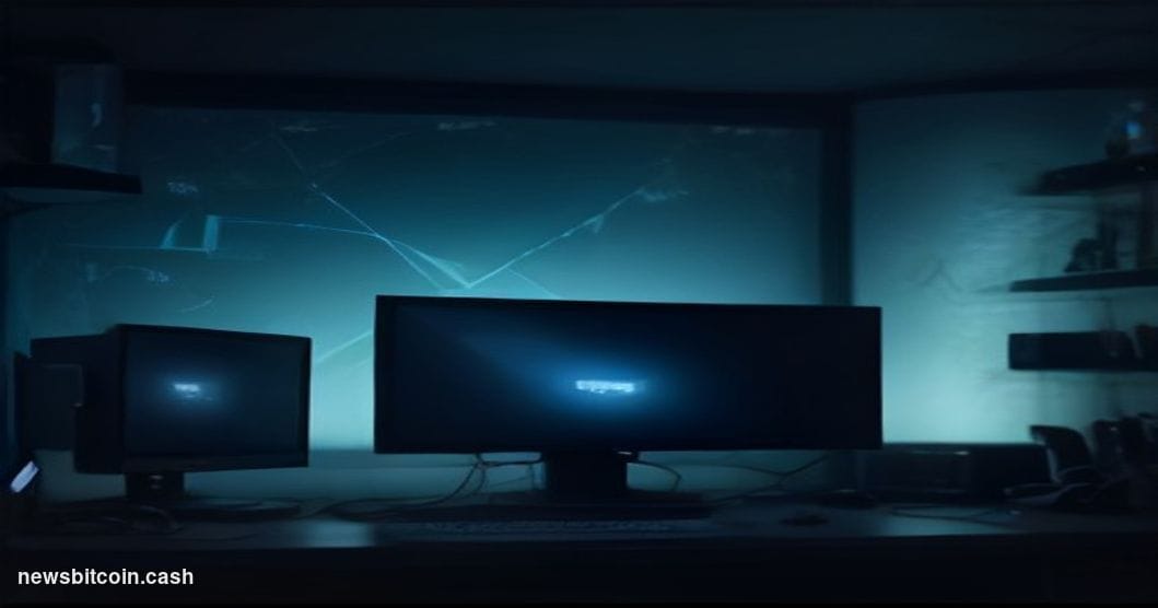 Cinematic photorealistic editorial photograph of a dimly lit gaming room bathed in deep blue and amber light, with multiple m