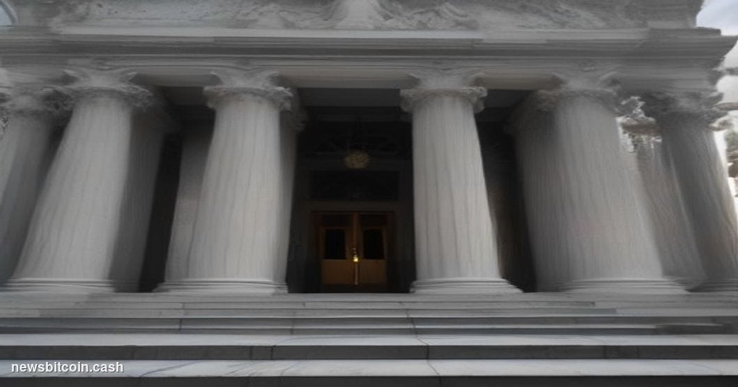 Cinematic photorealistic editorial photograph of a federal courthouse entrance at dusk, shot from a low angle looking up at i