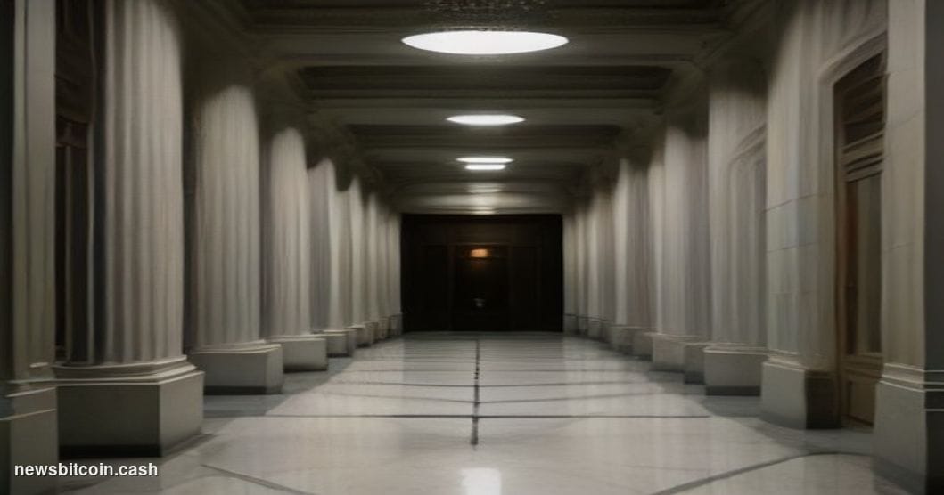 A cinematic photorealistic editorial photograph set inside a federal courthouse corridor in Washington, D.C., with dramatic o