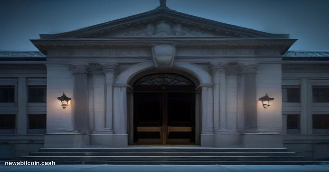 Cinematic photorealistic editorial photograph of a federal courthouse entrance at dusk, the imposing granite steps and brass-