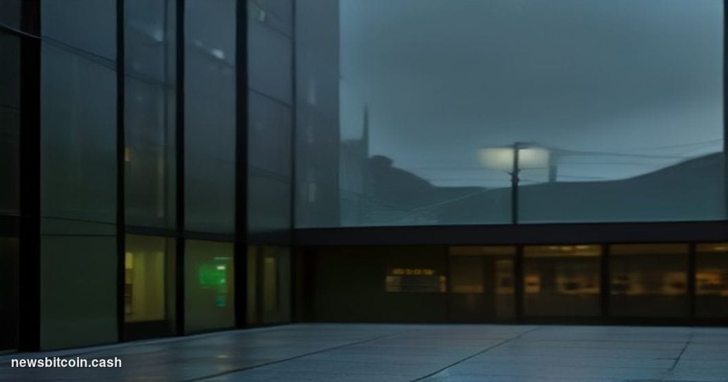 Cinematic photorealistic editorial photograph of Robinhood's Menlo Park office exterior at dusk, the company's feather logo s