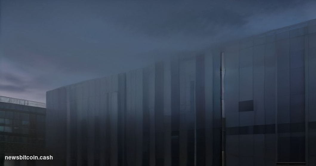 Cinematic photorealistic editorial photograph of Meta's Menlo Park headquarters campus at dusk, shot from a low angle looking