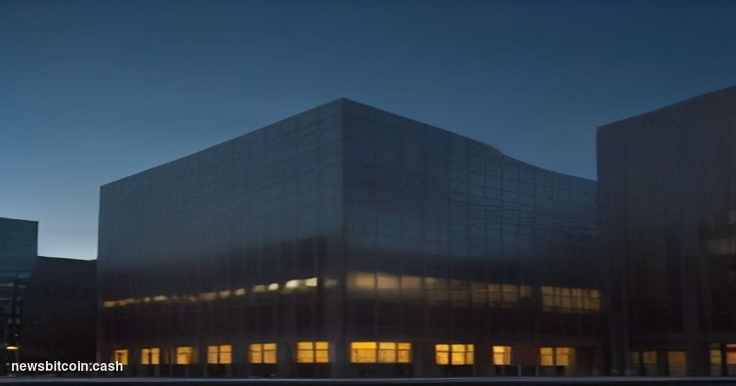 Cinematic photorealistic editorial photograph of a glass-and-steel corporate headquarters building at dusk, shot from a low a