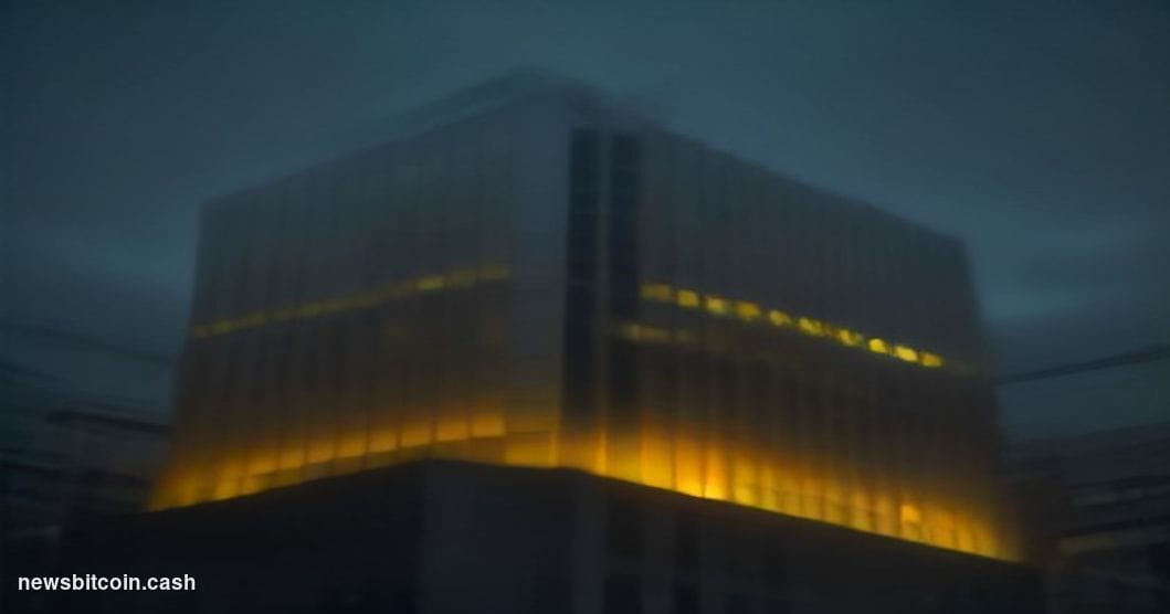 Cinematic photorealistic editorial photograph of the Metaplanet corporate office exterior in Tokyo, Japan, shot at dusk from 