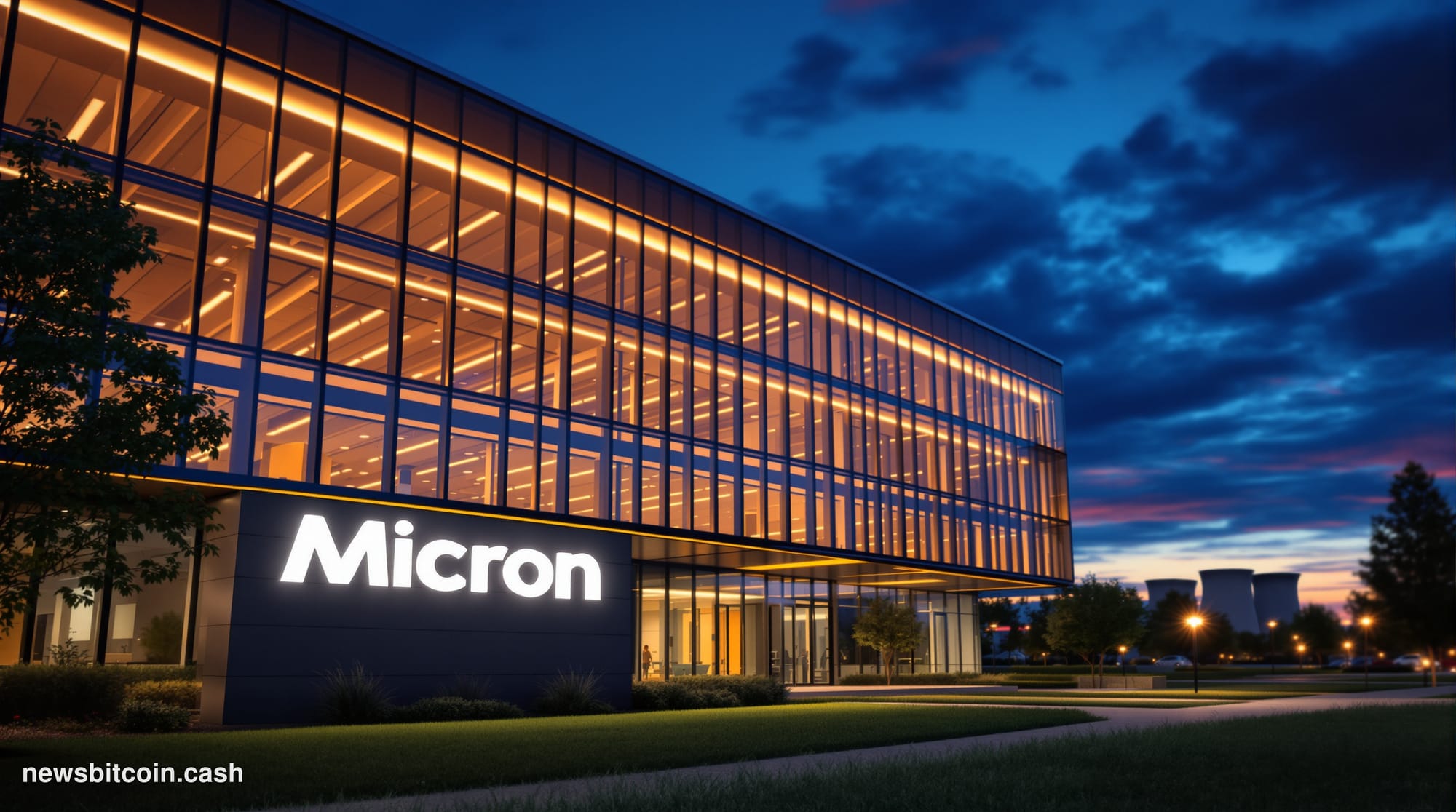 A cinematic photorealistic editorial photograph of Micron Technology's corporate headquarters campus in Boise, Idaho, shot at