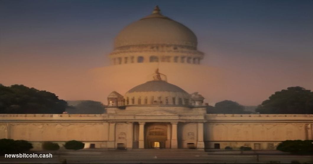 Cinematic photorealistic editorial photograph of the Indian Parliament building in New Delhi at dusk, shot from a low angle w