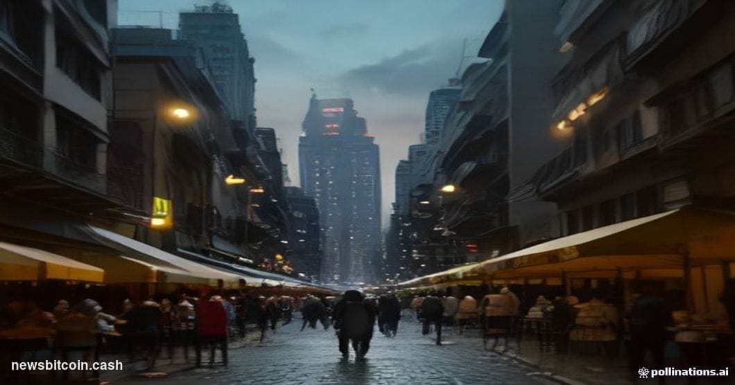 Cinematic photorealistic editorial photograph of a Colombian street market scene in Bogotá's financial district, with a sleek