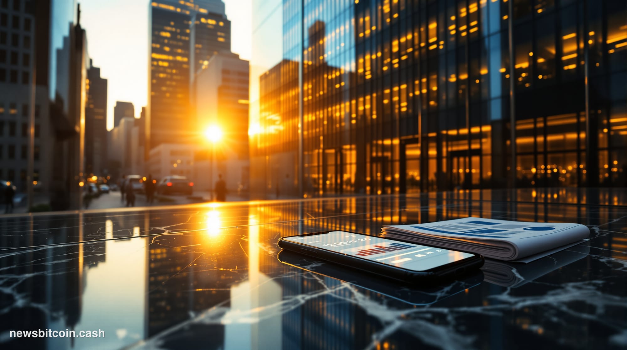 Cinematic photorealistic editorial photograph of the WisdomTree offices in New York City, shot from a low angle at street lev