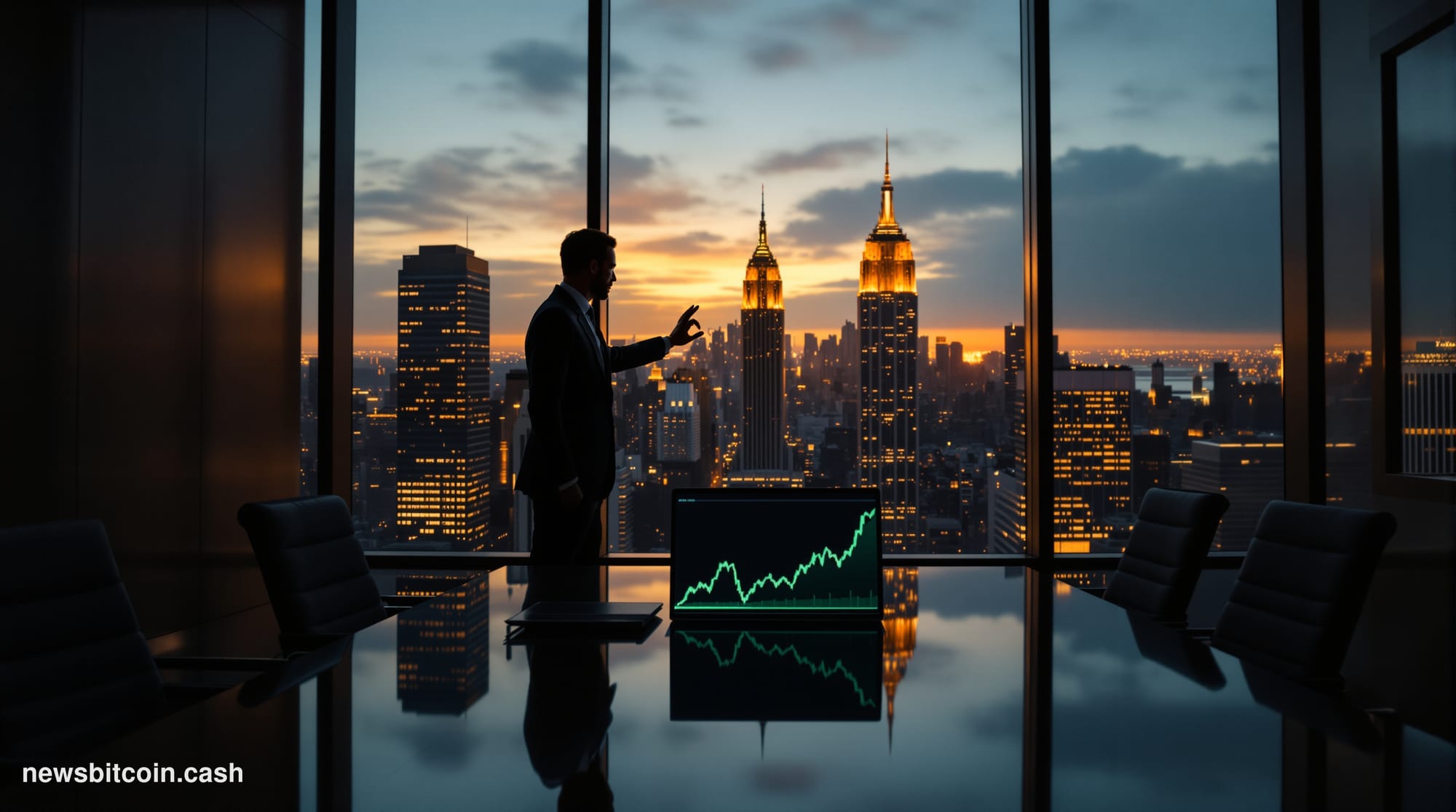 Cinematic photorealistic editorial photograph of a Wall Street-adjacent corporate boardroom interior, shot from a low angle l