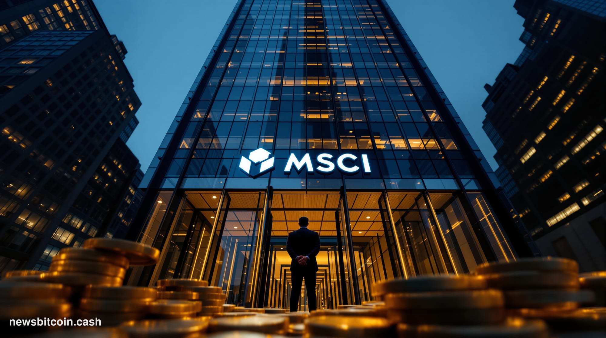 Cinematic photorealistic editorial photograph of the MSCI corporate headquarters building exterior in New York City, shot fro