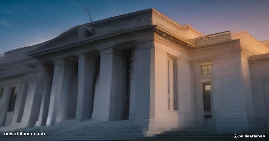 Cinematic photorealistic editorial photograph of the Federal Reserve's Washington D.C. headquarters building shot at dusk, it