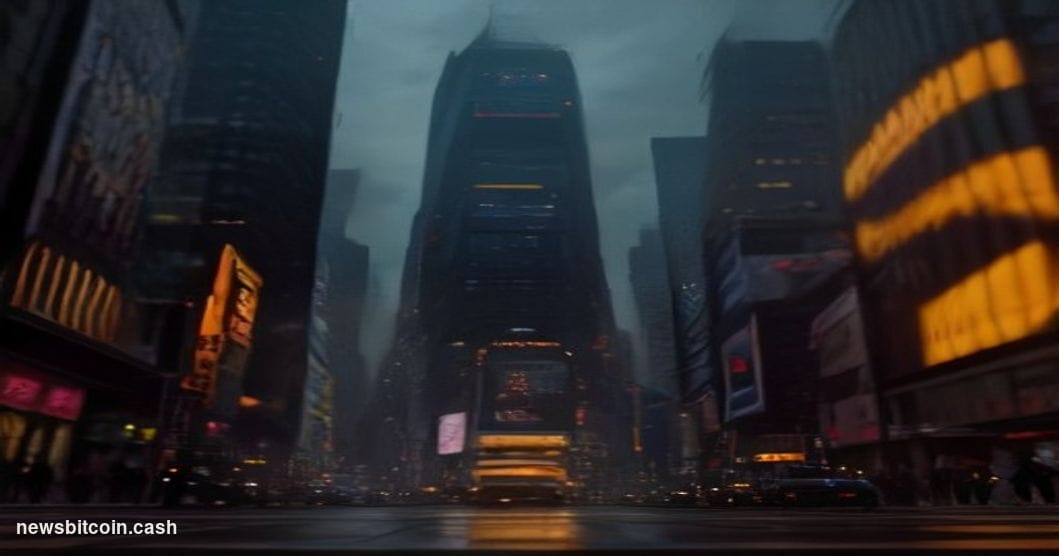 Cinematic photorealistic editorial photograph of the Nasdaq MarketSite tower in Times Square, New York City, shot at dusk fro