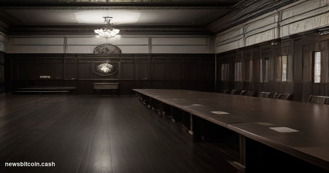 A cinematic photorealistic editorial photograph set inside a grand wood-paneled law enforcement conference room, shot from a 