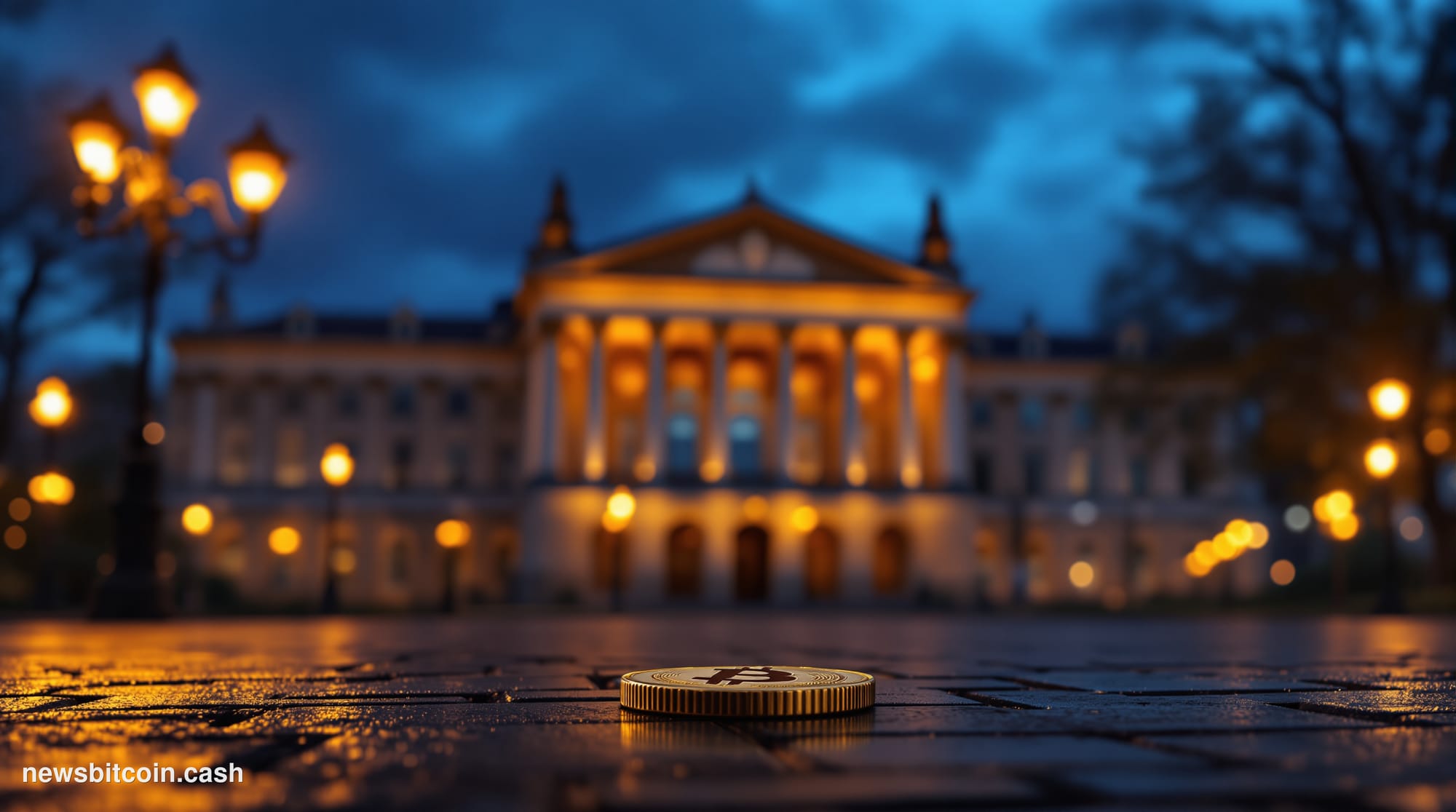 Cinematic photorealistic editorial photograph of the Dutch House of Representatives (Tweede Kamer) building in The Hague, Net
