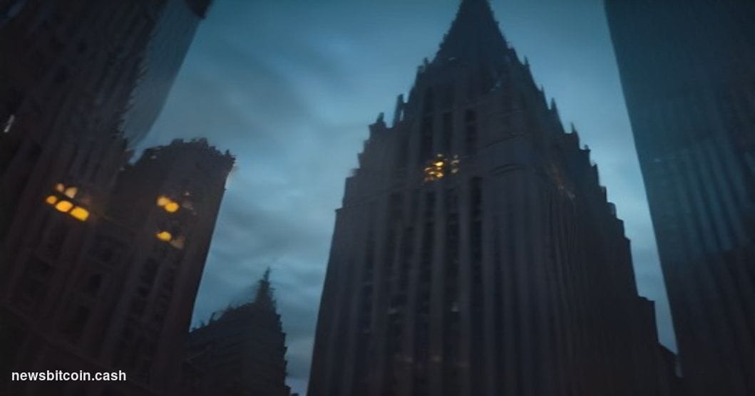 Cinematic photorealistic editorial photograph of the New York Life Building's iconic neo-Gothic limestone facade in Midtown M