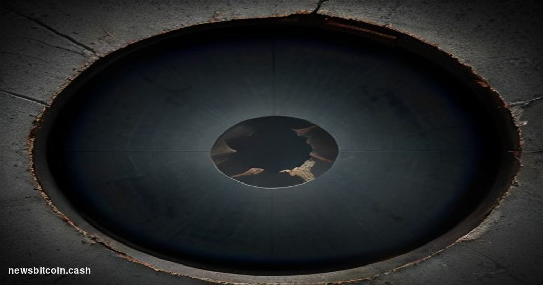 Cinematic photorealistic editorial photograph shot at a low angle looking up at a cracked digital vault door rendered in dark
