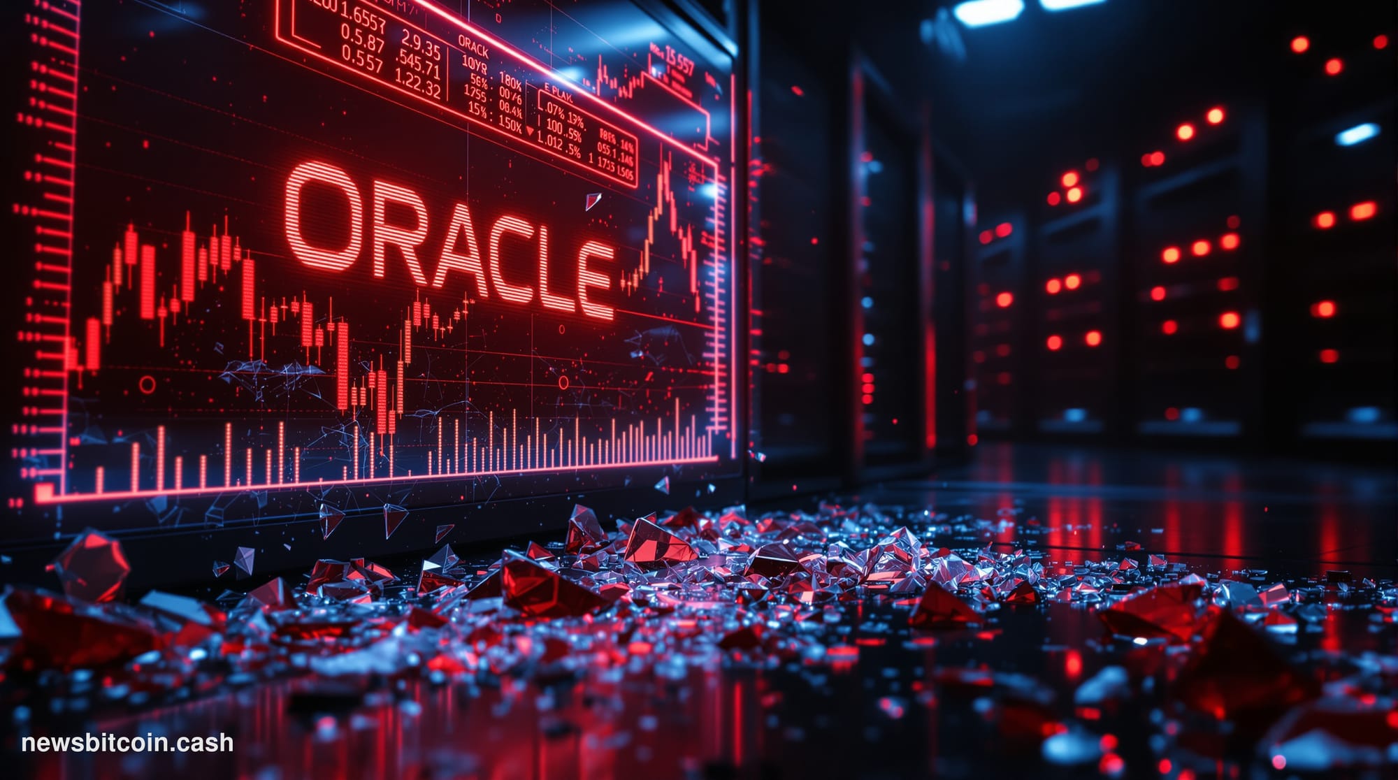 A dramatic cinematic editorial photograph set in a dimly lit server room environment with a glowing holographic display showi