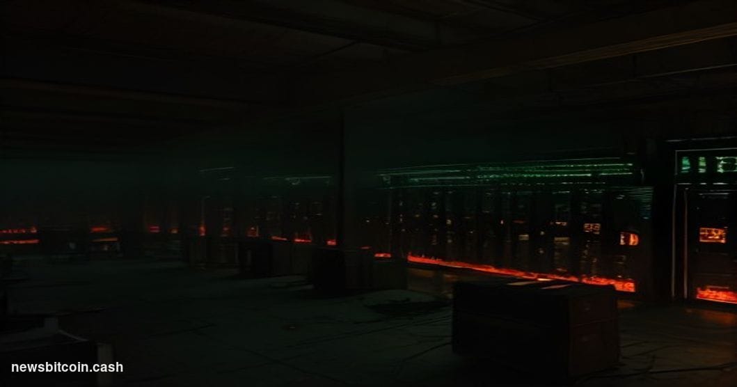 A cinematic photorealistic editorial photograph of a cracked and corroded server rack inside a dimly lit data center, with a 