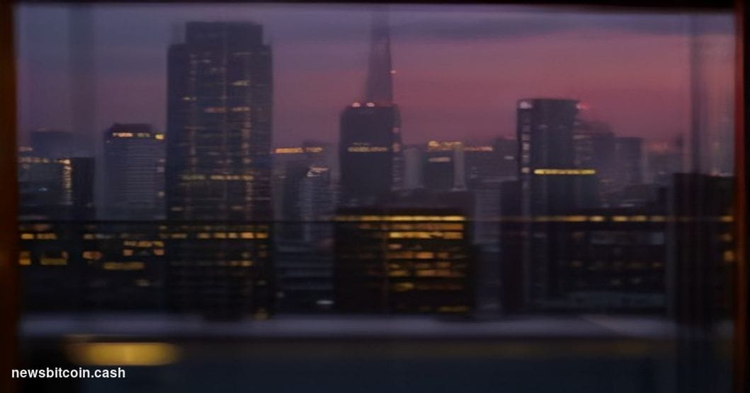 Cinematic photorealistic editorial photograph of a gleaming modern fintech banking headquarters in São Paulo, Brazil, shot at