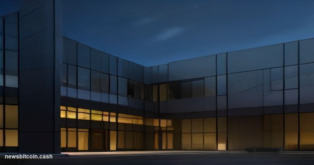 Cinematic photorealistic editorial photograph of NVIDIA's Santa Clara headquarters campus at dusk, shot from a low camera ang
