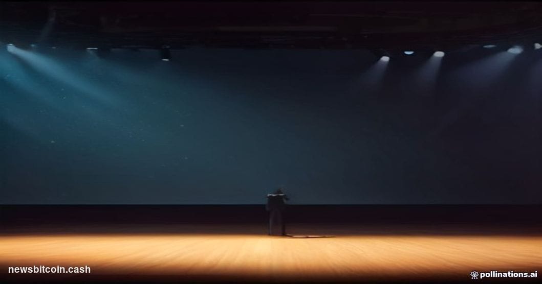 A cinematic photorealistic editorial photograph set inside a grand Democratic Party political event hall, with deep blue ambi