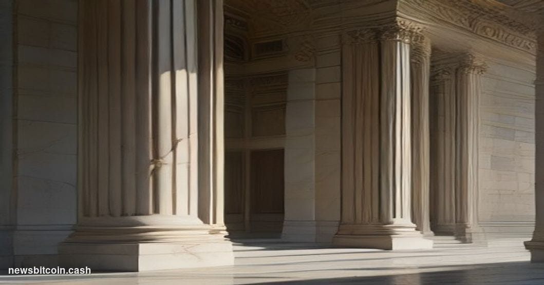 A cinematic photorealistic editorial photograph set in Washington D.C., with the neoclassical facade of the US Treasury build