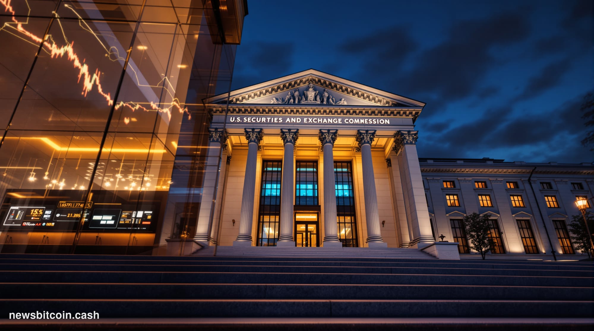 Cinematic photorealistic editorial photograph of the U.S. Securities and Exchange Commission headquarters in Washington D.C.,