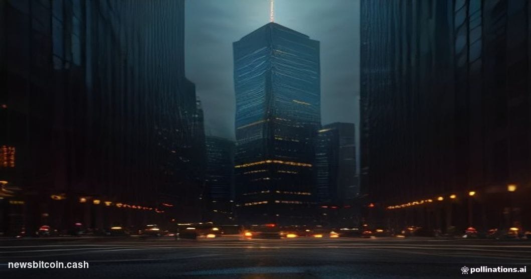 Cinematic photorealistic editorial photograph shot at ground level on a busy financial district street, dramatic side-lightin