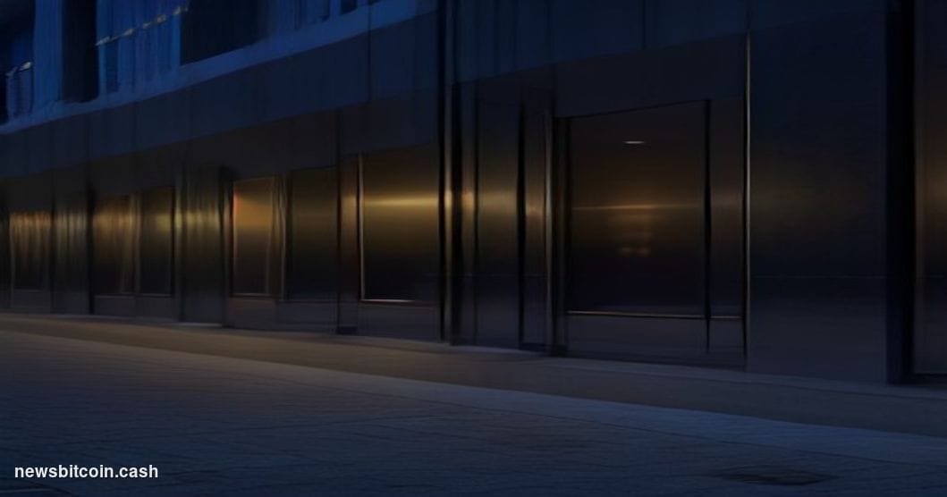 Cinematic photorealistic editorial photograph of the OKX exchange headquarters building exterior at dusk, with the OKX logo s
