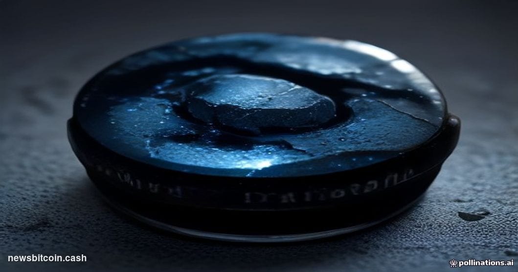 Cinematic photorealistic editorial photograph of a cracked yet luminous Bitcoin coin resting on a sleek dark surface, with th