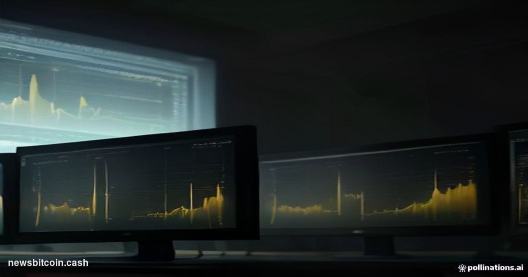 A cinematic photorealistic editorial photograph of a large digital trading terminal in a dimly lit financial analysis room, w