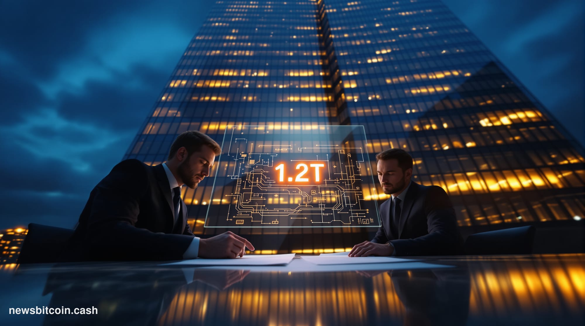 Cinematic photorealistic editorial photograph of a sleek, towering glass corporate headquarters at dusk, shot from a low angl