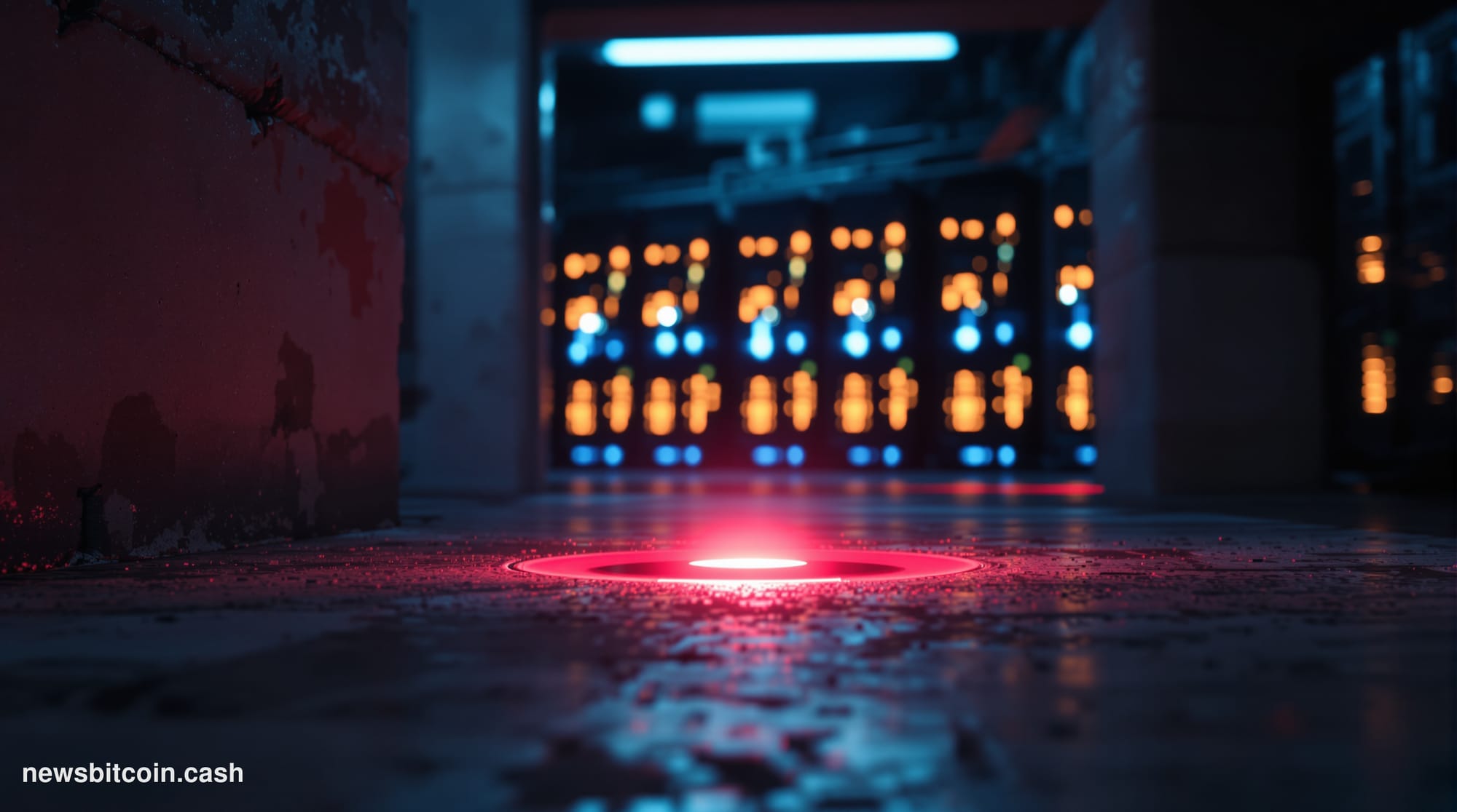 A cinematic photorealistic editorial photograph shot from a low angle looking up at a brutalist concrete server facility at n