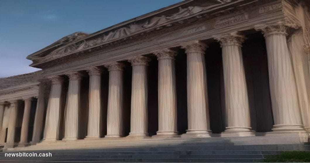 Cinematic photorealistic editorial photograph of a monumental neoclassical bank building facade at dusk, shot from a low angl