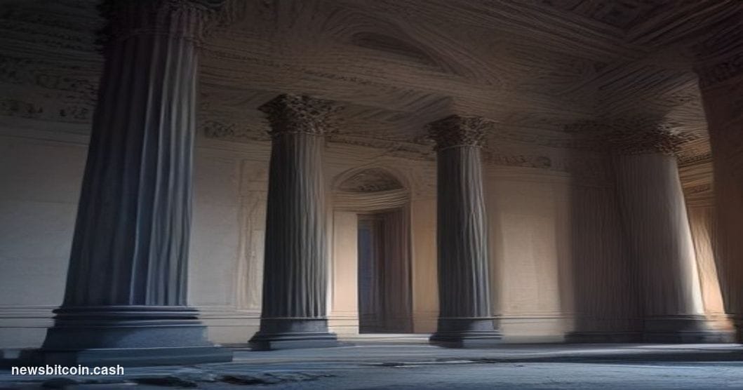 Cinematic photorealistic editorial photograph of the US Department of the Treasury building in Washington D.C. shot from a lo