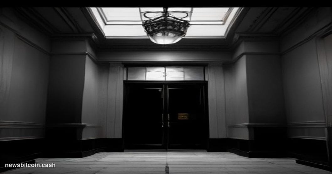 Cinematic photorealistic editorial photograph of a shuttered financial exchange office, shot from a low angle looking up at g
