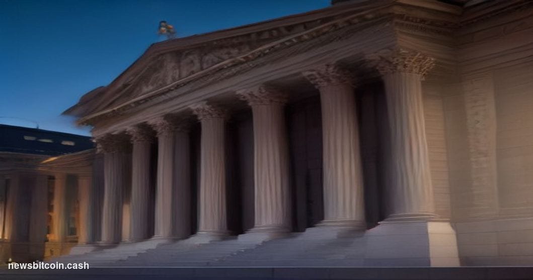 Cinematic photorealistic editorial photograph of the U.S. Treasury building in Washington D.C. shot at dusk from a low street